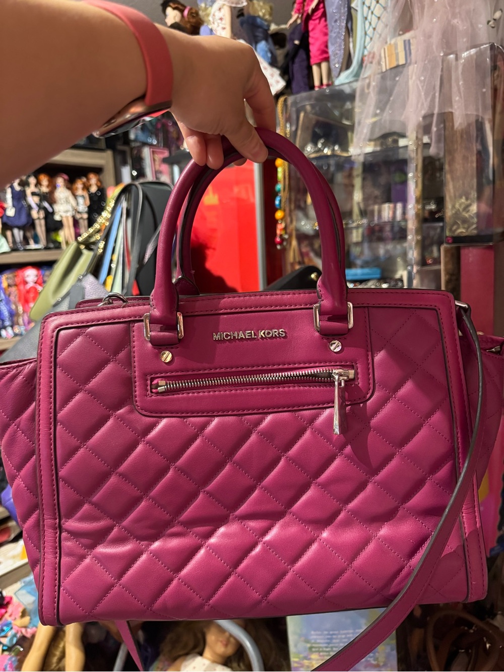 Michael Kors Quilted Magenta Selma Satchel with Top Handles and shoulder strap